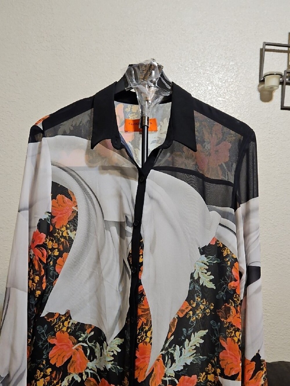 Clover Canyon Black White Blouse with Orange Floral Print - Picture 2 of 6
